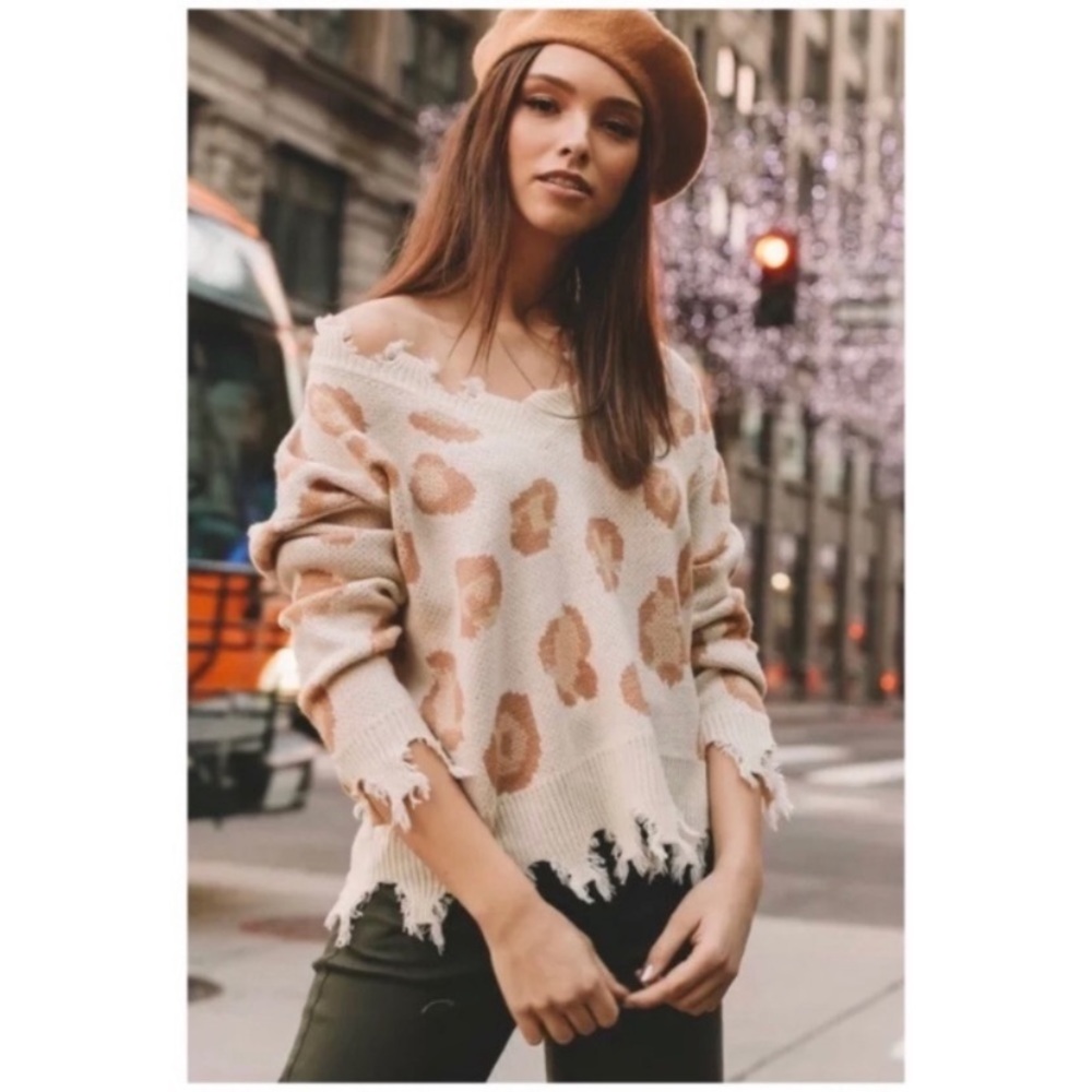 Ivory Leopard Distressed Hem V Neck Soft Sweater
